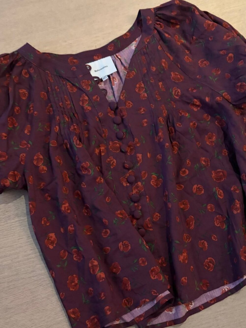 Reformation Nell Top Plum Rose Floral Button Front S